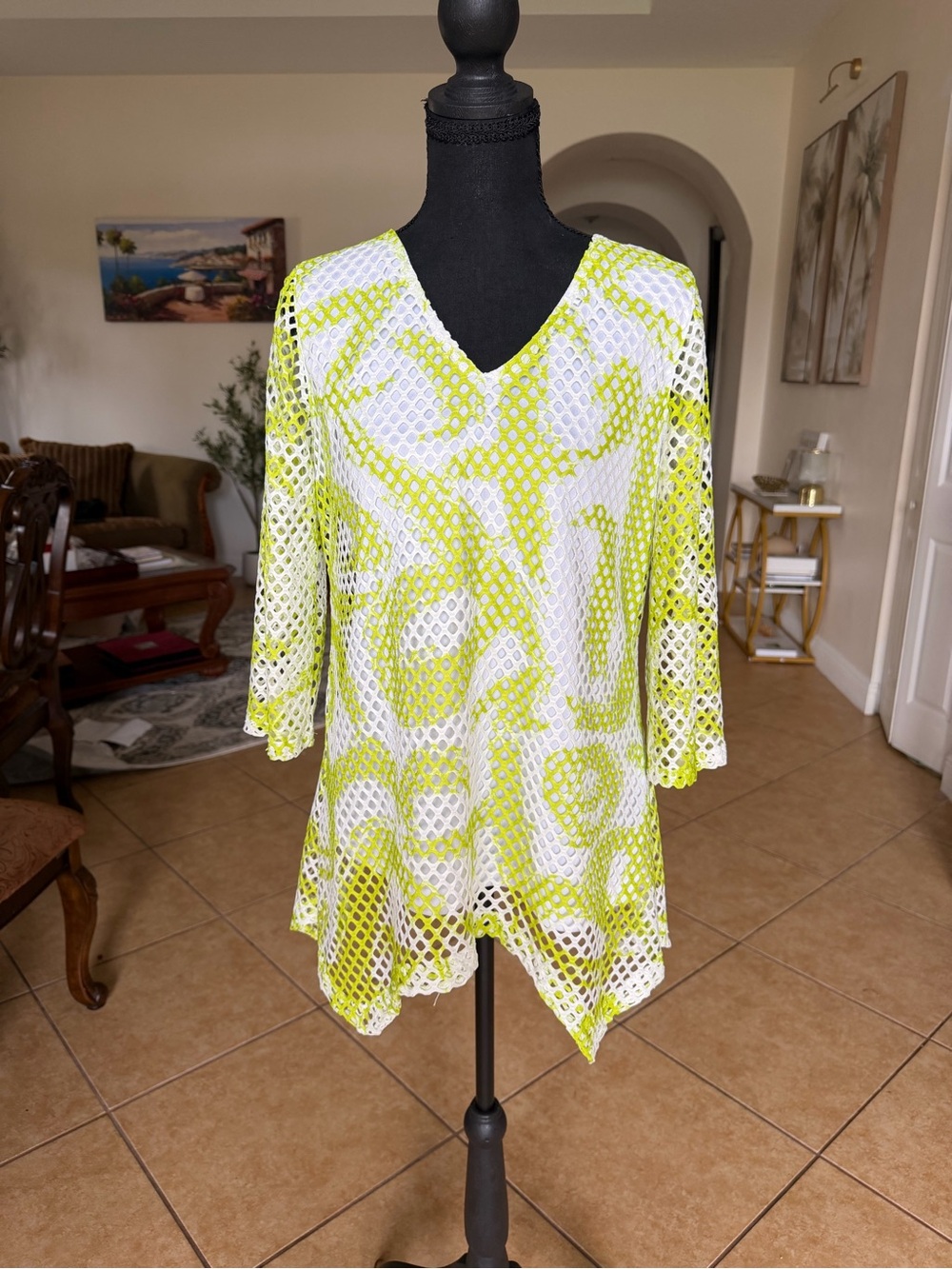 Lime Green Crochet V-Neck Swim Cover-Up Tunic